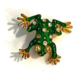 American Vintage FROG BROOCH PIN 1.25" Enameled Gold Green Crystal Rhinestones